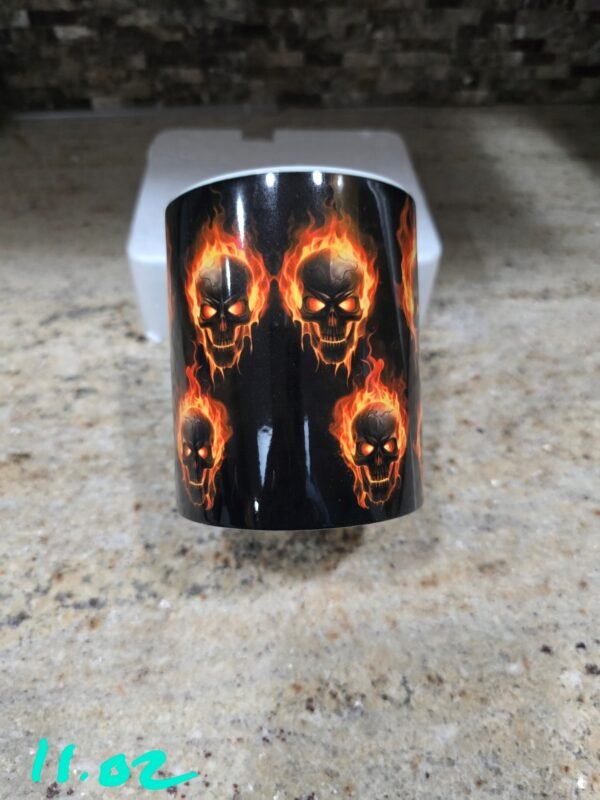 11 Oz Sublimated Coffee Cup - Flaming Skulls